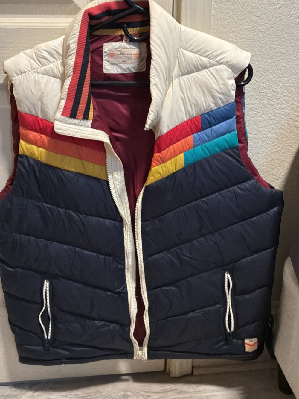 Marine Layer Maroon Puffer vest with Striped Trim